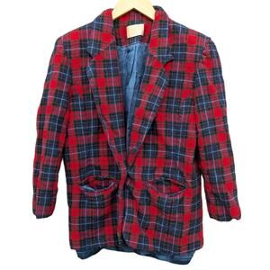 Red Plaid Virgin Wool Pendleton Blazer Coat 12 Preppy Winter Christmas Vintage